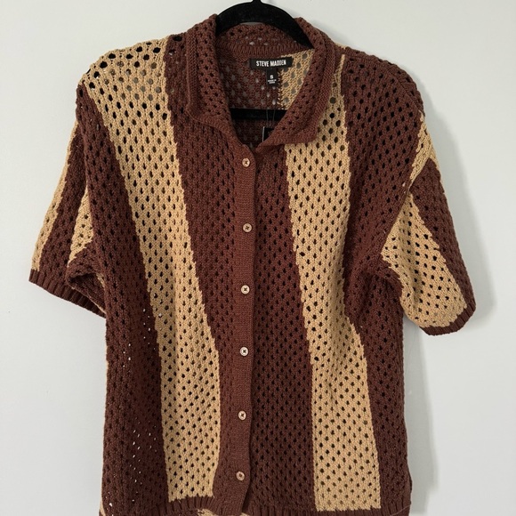 NWT Steve Madden women’s Marnie sweater crochet button front Top Brown/Tan Small - Picture 1 of 8